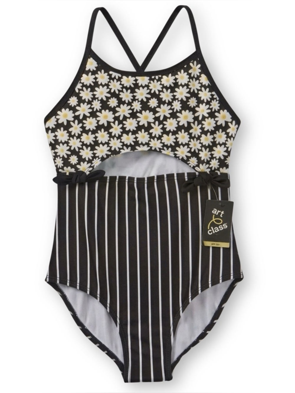 Art Class Girl’s S (6/6X) One-Piece Daisy Stripe Black White & Yellow Swimsuit